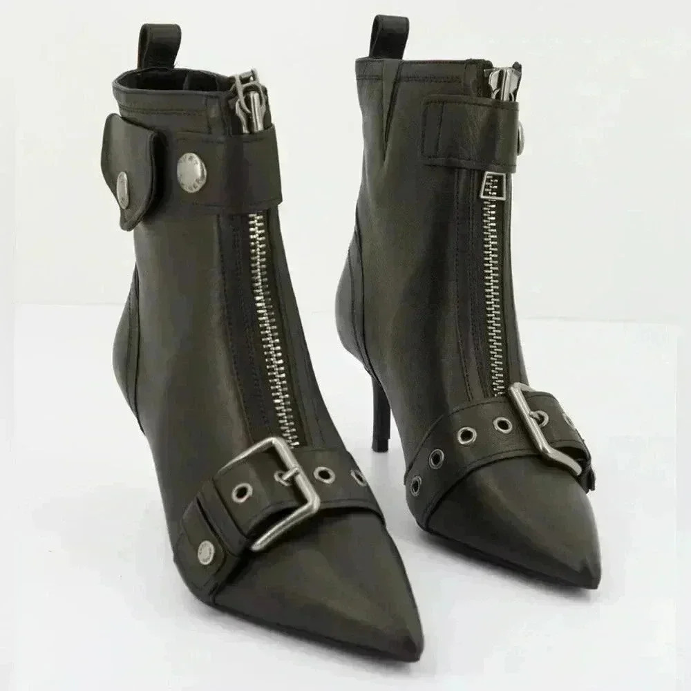 NEW Kurt Geiger London Hackney Buckle Pointed Toe Kitten Heel Booties Size 5.5
